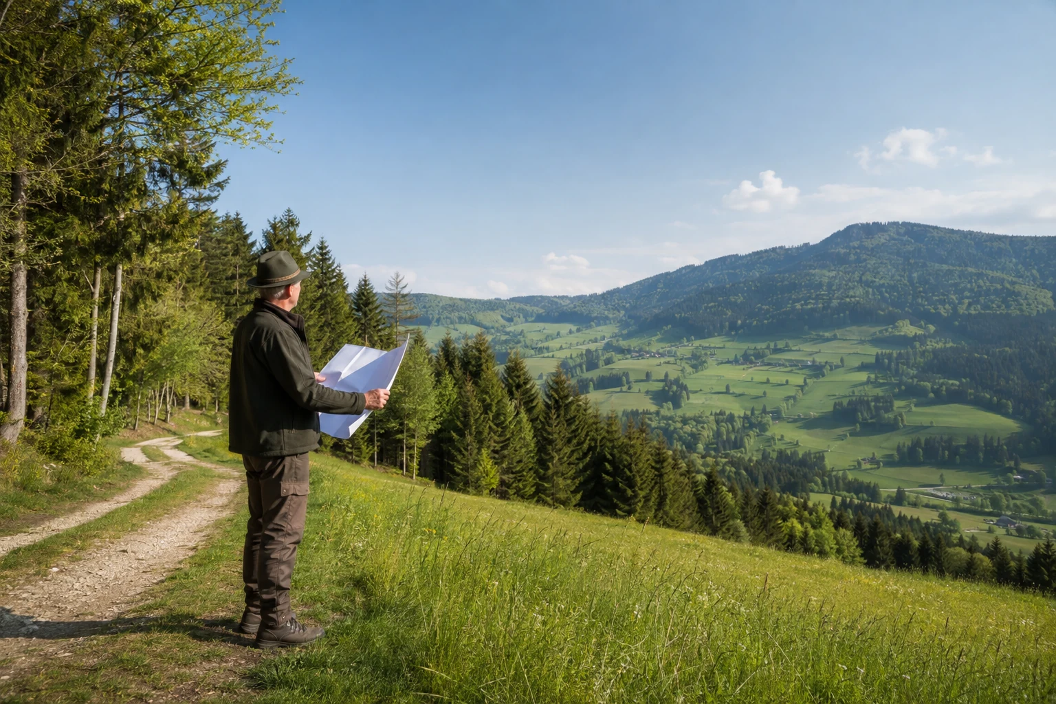 Waldeigentümer blickt von einer Waldfläche auf eine getrennte bewaldete Lage in Österreich